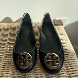 Tory Burch Black Flats with Gold Emblem